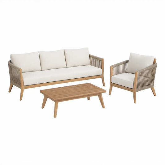 3dílná zahradní sedací souprava z masivního akáciového dřeva s polštáři, přírodně hnědá/taupe/béžová, pohovka 180 × 75 × 78 cm